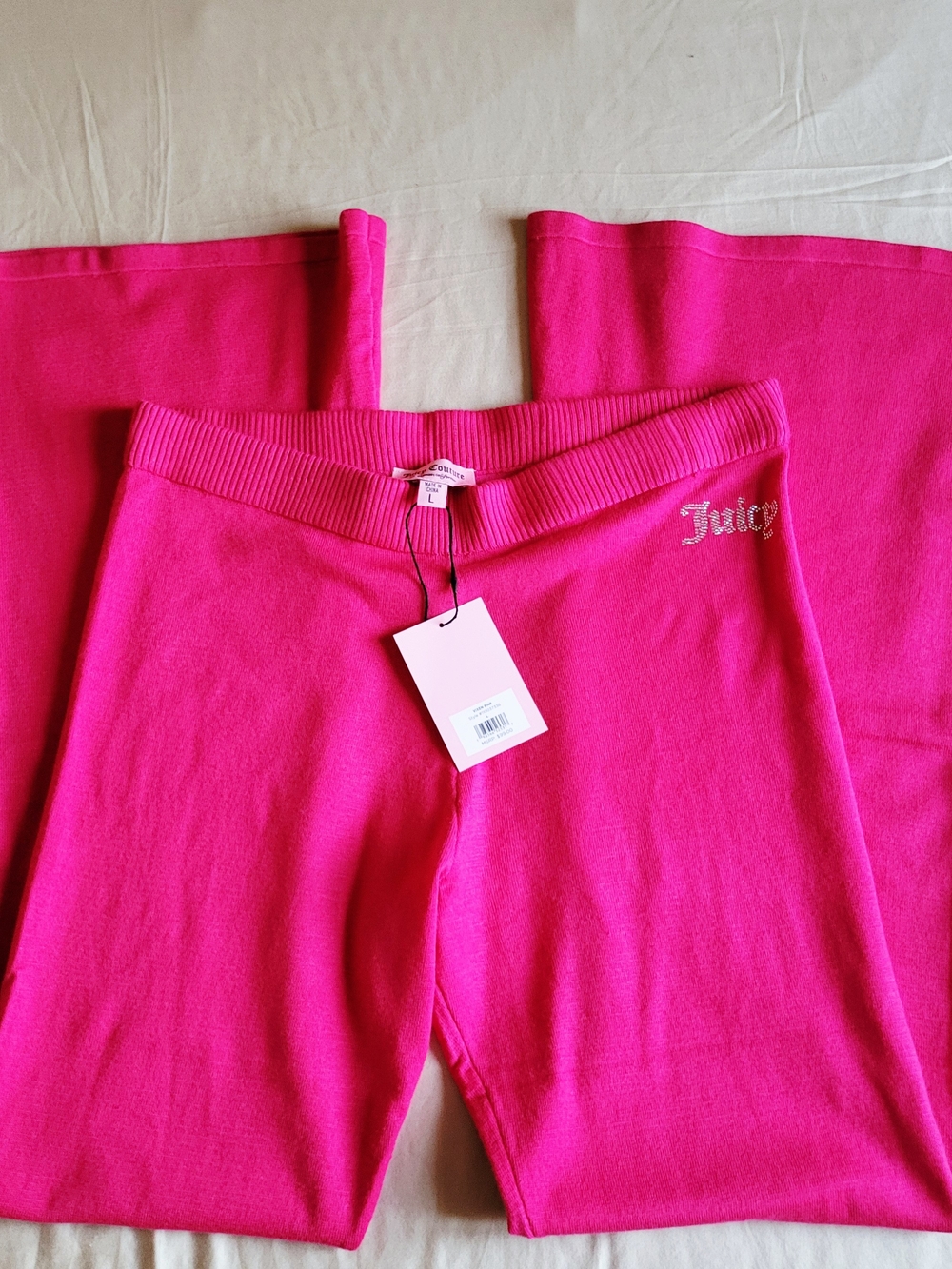 NWT Juicy Couture Knit Flare Pants Vixen Pink Rhinestone Logo Size Large Flared